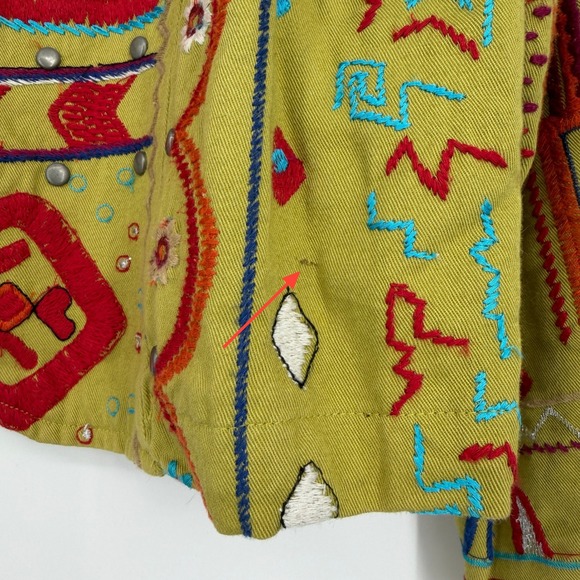 Chico's Green Boho Artsy Embroidered Studded Cropped Jacket Size 2 L - Picture 11 of 13